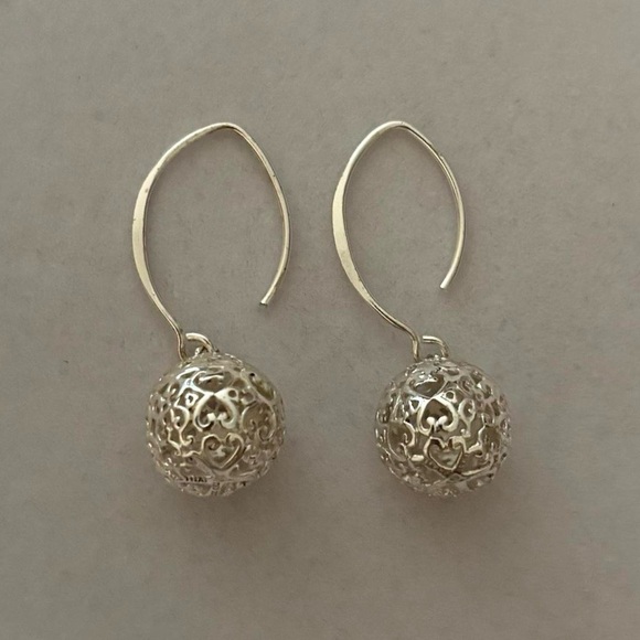 Jewelry - 925 Sterling Silver Filigree Ball Sphere Dangly Elongated Hoop Earrings